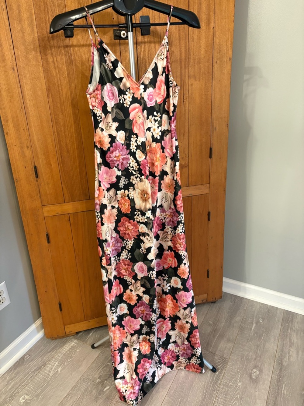Express Floral Slip Maxi Dress in Black with Pink & Peach Blooms